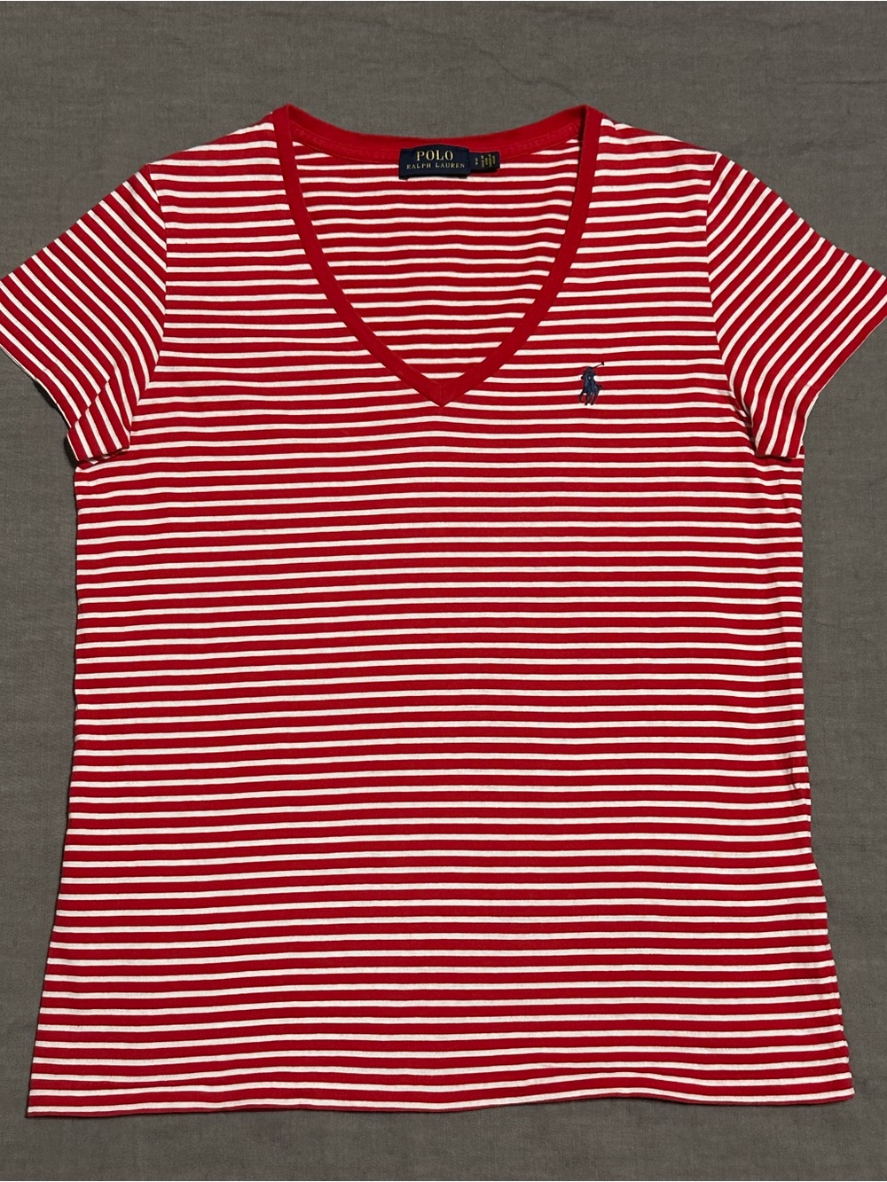 Polo by Ralph Lauren Red and White Striped V-Neck Tee